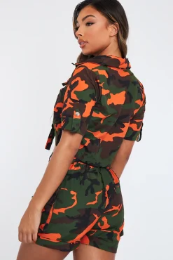 Rebellious Fashion Khaki Orange Camo Button Front Utility Shirt & Shorts Set - Galia