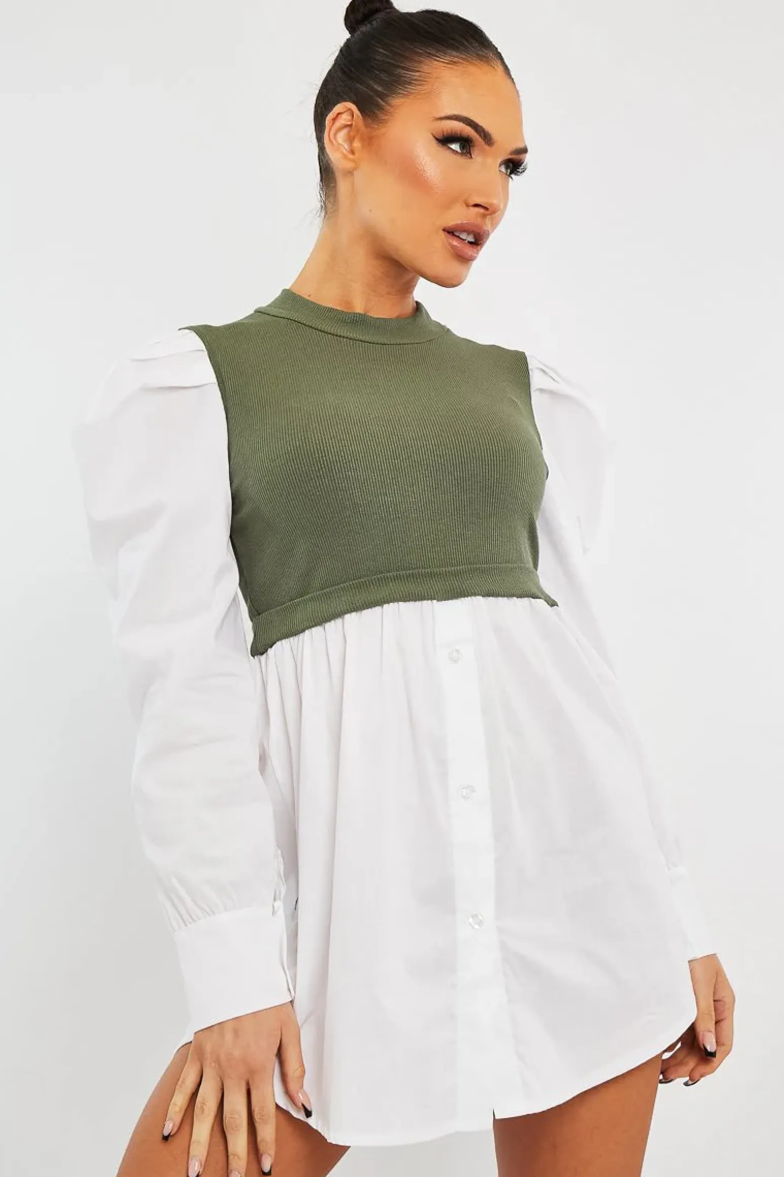 Rebellious Fashion Khaki Overlay Detail Puff Sleeve White Shirt Dress - Olah
