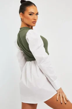 Rebellious Fashion Khaki Overlay Detail Puff Sleeve White Shirt Dress - Olah
