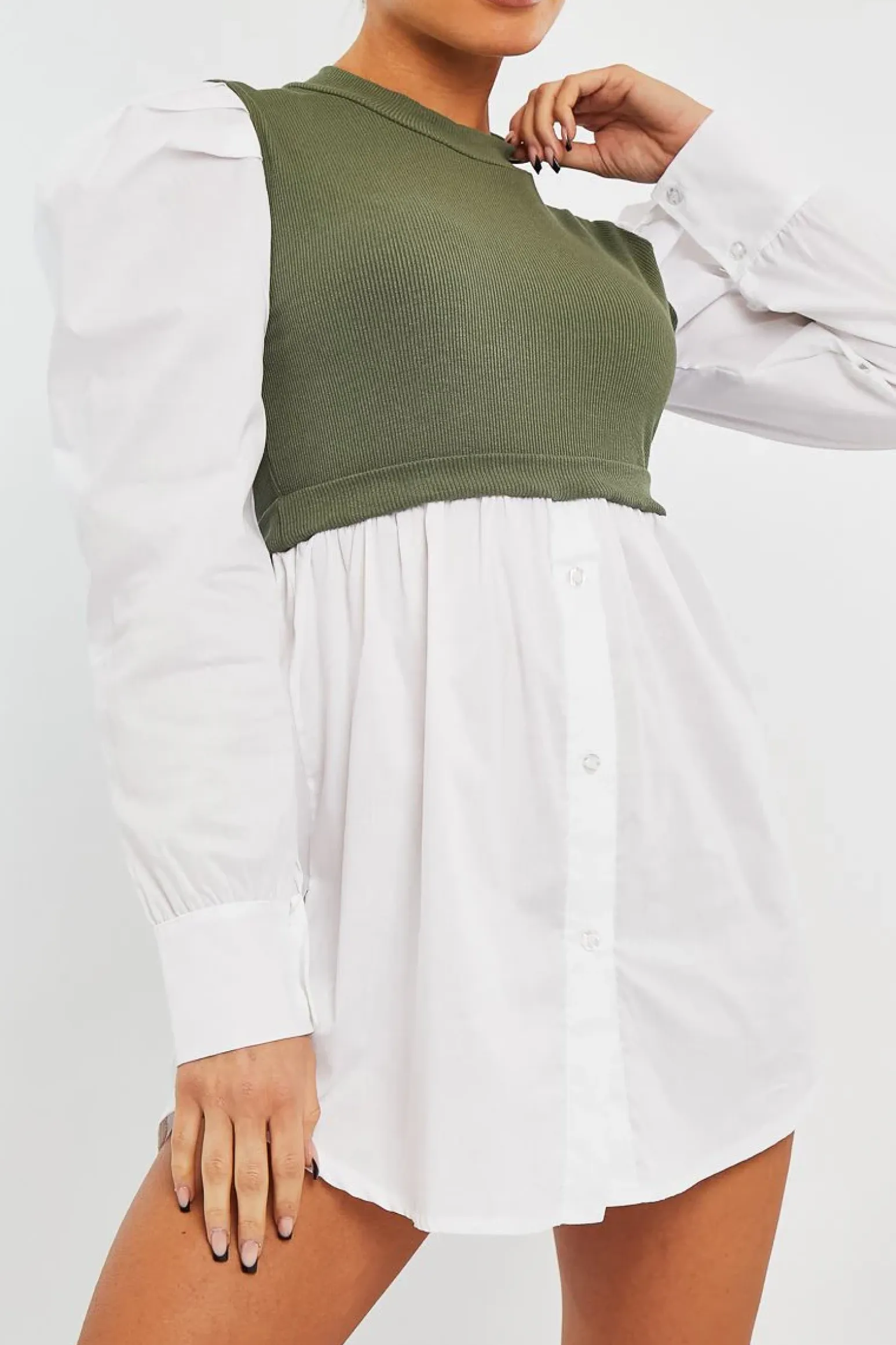 Rebellious Fashion Khaki Overlay Detail Puff Sleeve White Shirt Dress - Olah