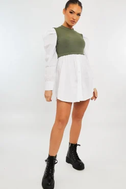 Rebellious Fashion Khaki Overlay Detail Puff Sleeve White Shirt Dress - Olah