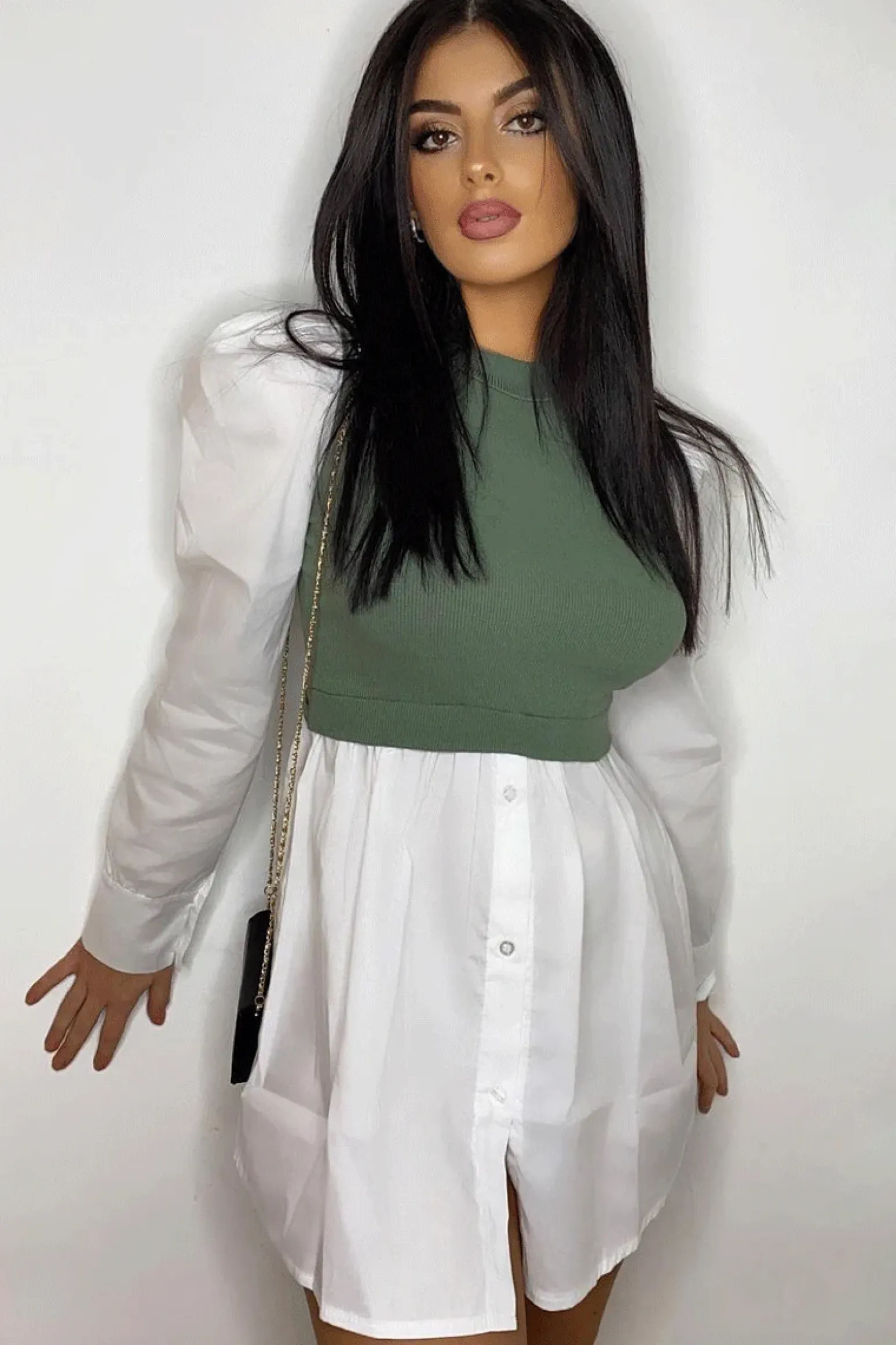 Rebellious Fashion Khaki Overlay Detail Puff Sleeve White Shirt Dress - Olah