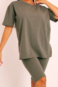 Rebellious Fashion Khaki Oversized T-shirt Cycling Shorts Co-ord - Bethanny
