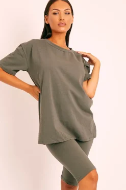 Rebellious Fashion Khaki Oversized T-shirt Cycling Shorts Co-ord - Bethanny