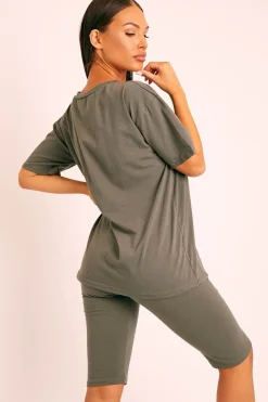 Rebellious Fashion Khaki Oversized T-shirt Cycling Shorts Co-ord - Bethanny