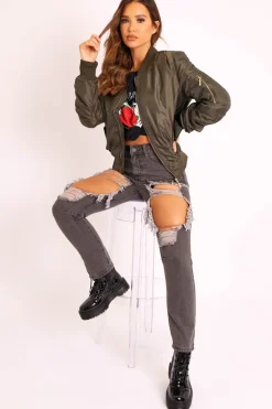 Rebellious Fashion Khaki Padded Bomber Jacket - Chelsy