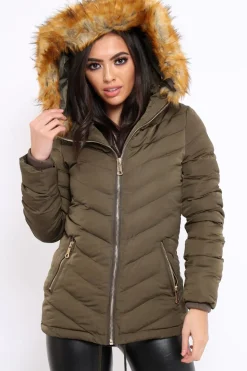 Rebellious Fashion Khaki Padded Coat With Faux Fur Trim Hood - Jocelyn