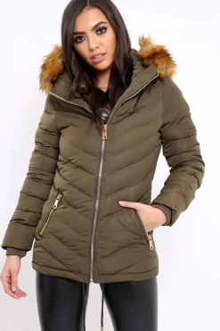 Rebellious Fashion Khaki Padded Coat With Faux Fur Trim Hood - Jocelyn