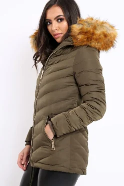 Rebellious Fashion Khaki Padded Coat With Faux Fur Trim Hood - Jocelyn