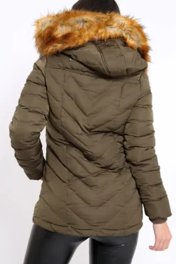 Rebellious Fashion Khaki Padded Coat With Faux Fur Trim Hood - Jocelyn