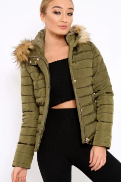 Rebellious Fashion Khaki Padded Coat with Fur Trim Hood - Helena