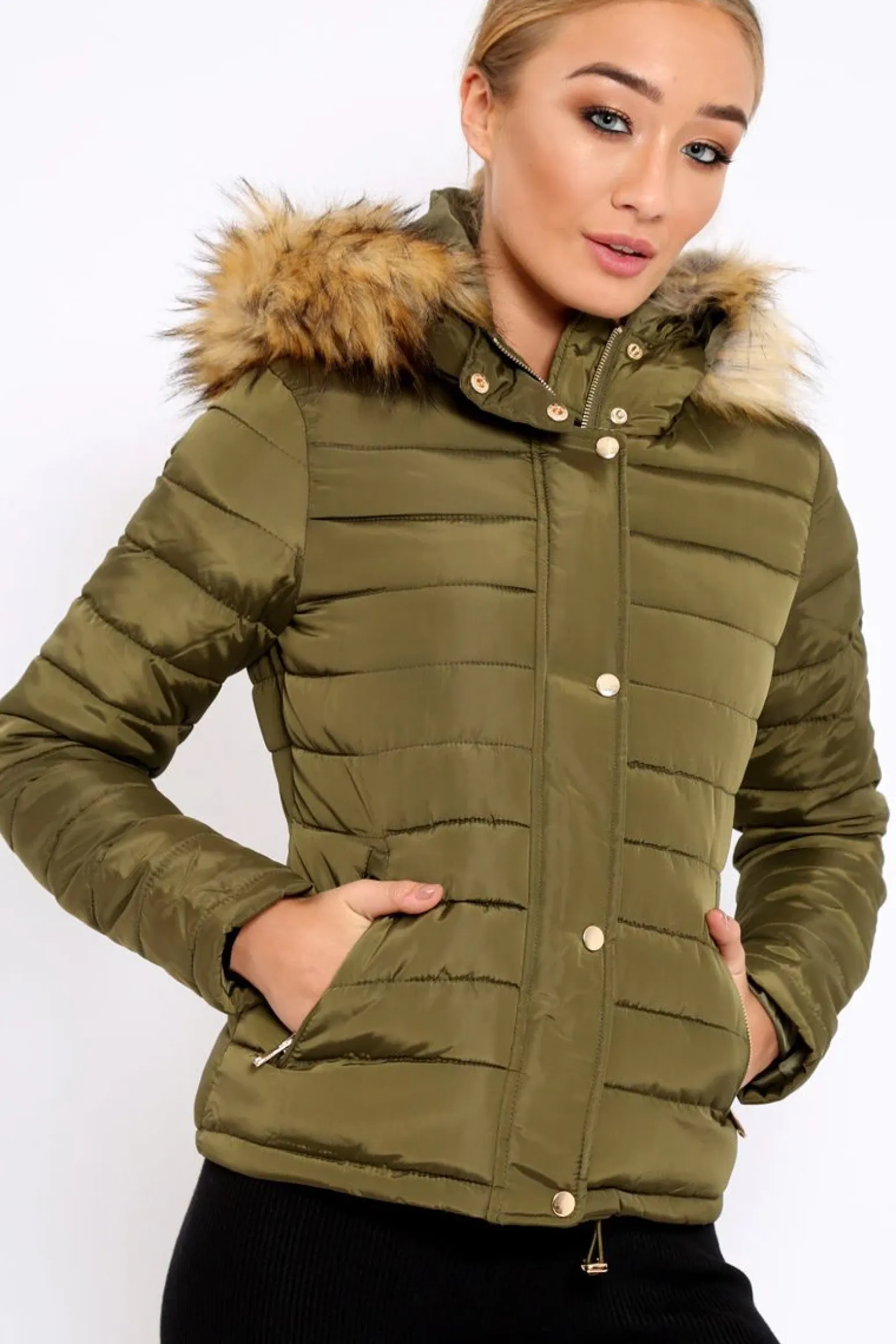 Rebellious Fashion Khaki Padded Coat with Fur Trim Hood - Helena