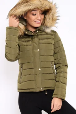 Rebellious Fashion Khaki Padded Coat with Fur Trim Hood - Helena