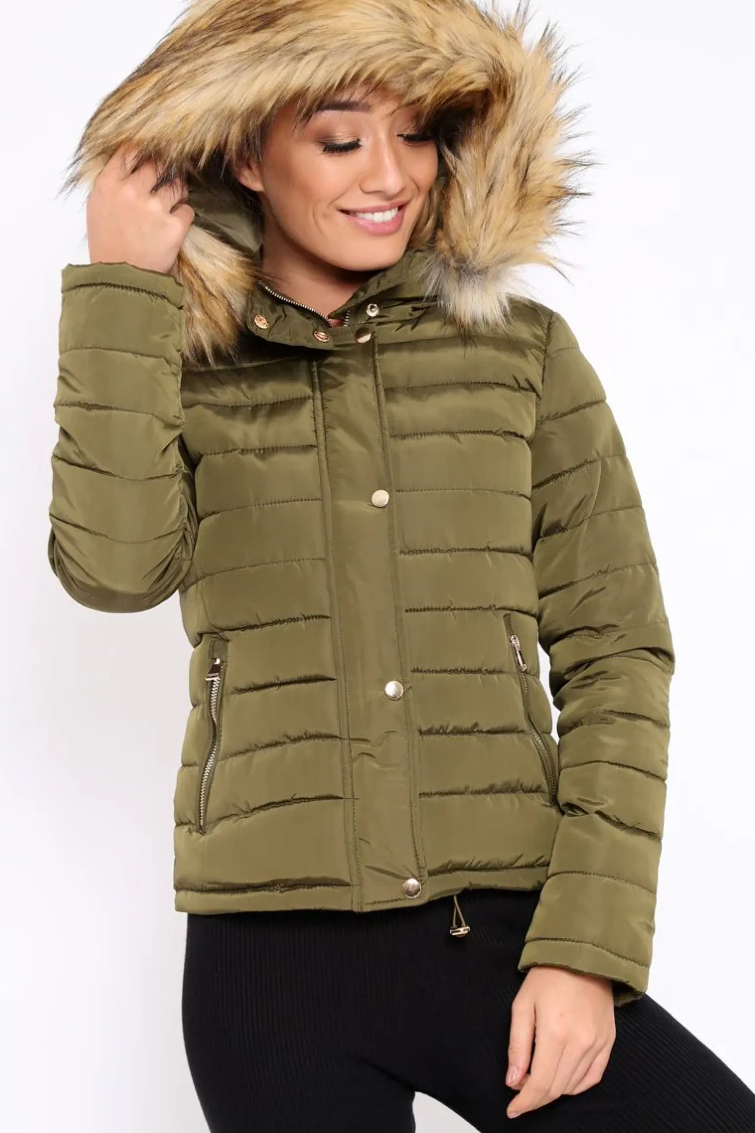 Rebellious Fashion Khaki Padded Coat with Fur Trim Hood - Helena
