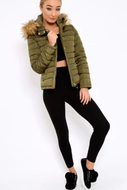 Rebellious Fashion Khaki Padded Coat with Fur Trim Hood - Helena
