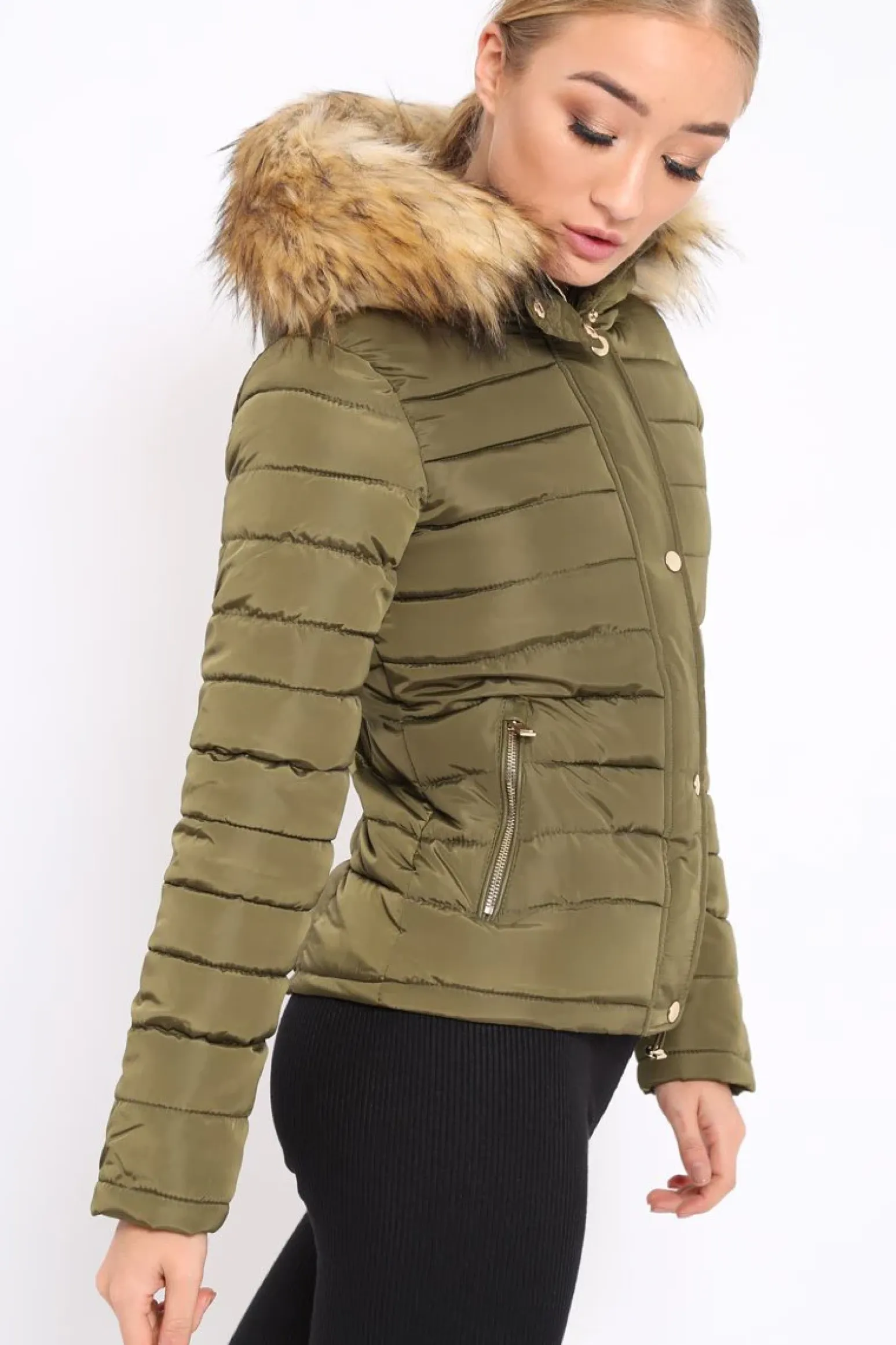Rebellious Fashion Khaki Padded Coat with Fur Trim Hood - Helena