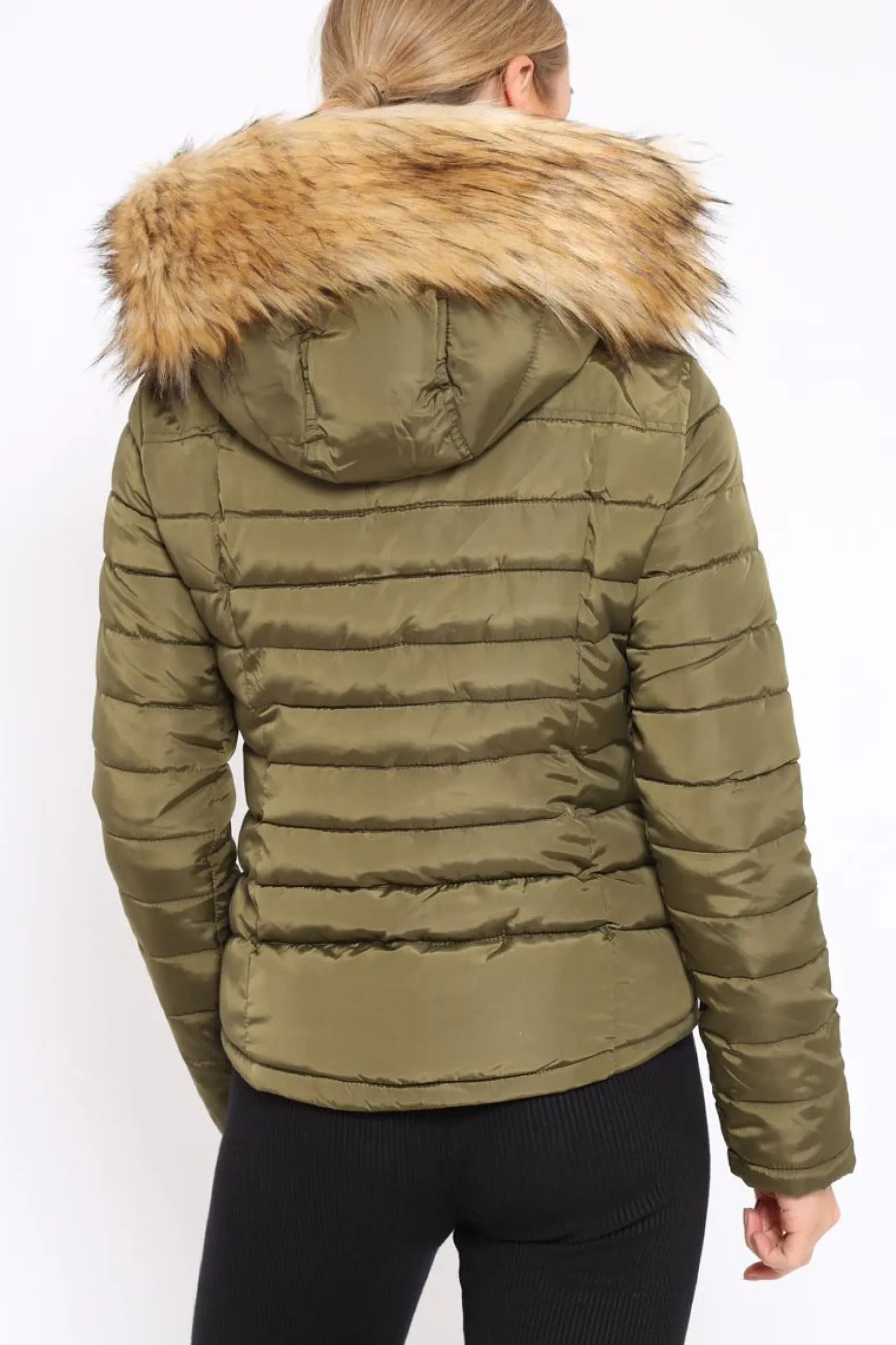 Rebellious Fashion Khaki Padded Coat with Fur Trim Hood - Helena