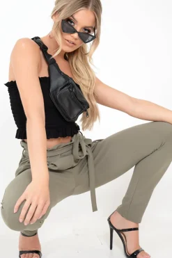 Rebellious Fashion Khaki Paper Bag Tie Waist Cigarette Trousers - Karmen