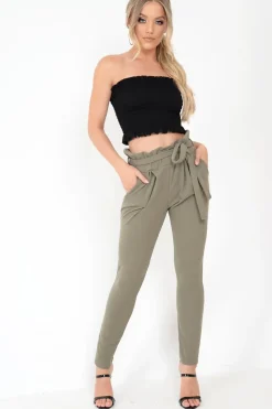 Rebellious Fashion Khaki Paper Bag Tie Waist Cigarette Trousers - Karmen