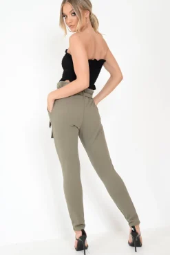 Rebellious Fashion Khaki Paper Bag Tie Waist Cigarette Trousers - Karmen