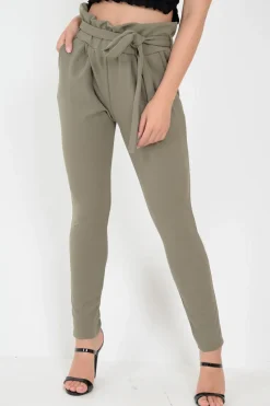 Rebellious Fashion Khaki Paper Bag Tie Waist Cigarette Trousers - Karmen