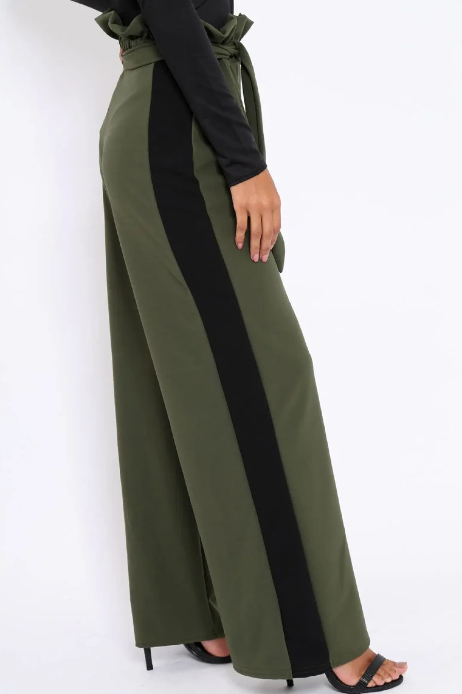 Rebellious Fashion Khaki Paper Bag Tie Waist Wide Leg Trousers With Black Stripe - Kennedy