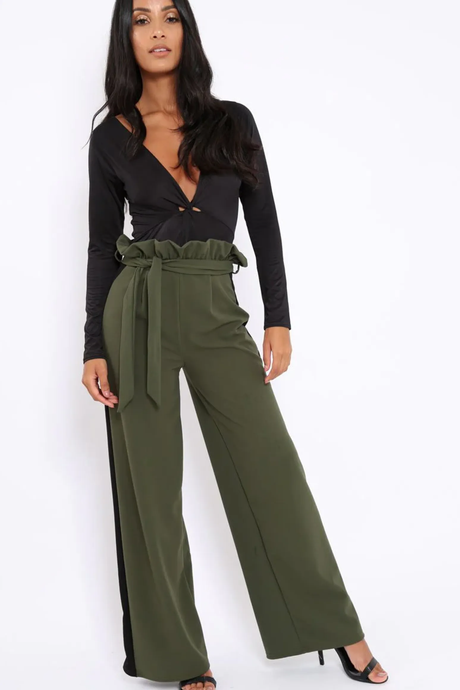 Rebellious Fashion Khaki Paper Bag Tie Waist Wide Leg Trousers With Black Stripe - Kennedy