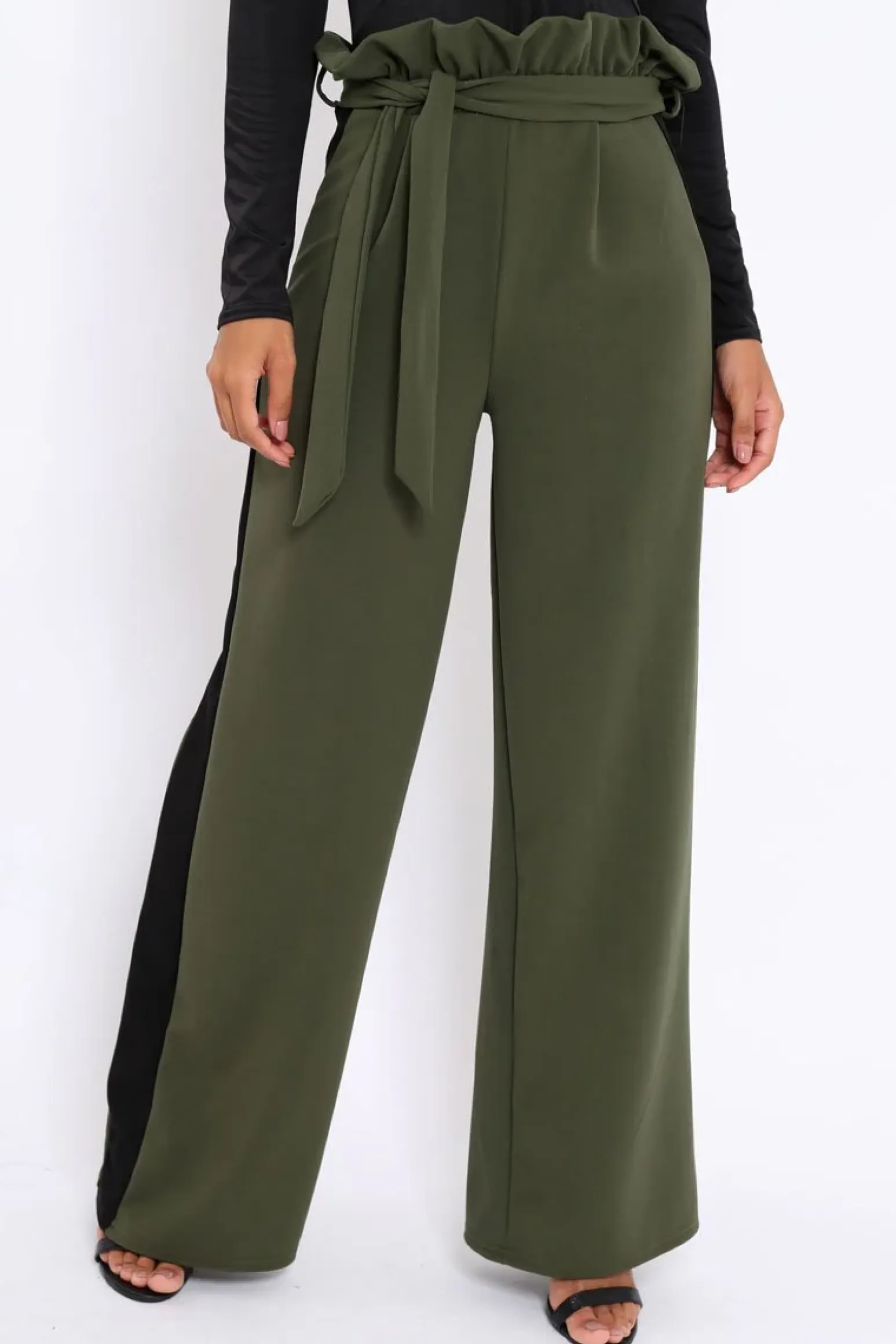 Rebellious Fashion Khaki Paper Bag Tie Waist Wide Leg Trousers With Black Stripe - Kennedy