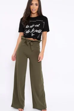 Rebellious Fashion Khaki Paper Bag Tie Waist Wide Leg Trousers - Kennedy