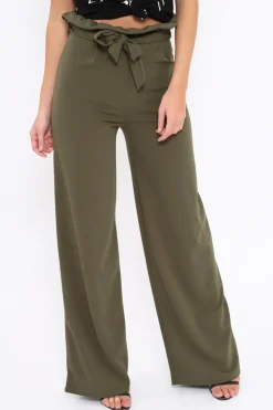 Rebellious Fashion Khaki Paper Bag Tie Waist Wide Leg Trousers - Kennedy