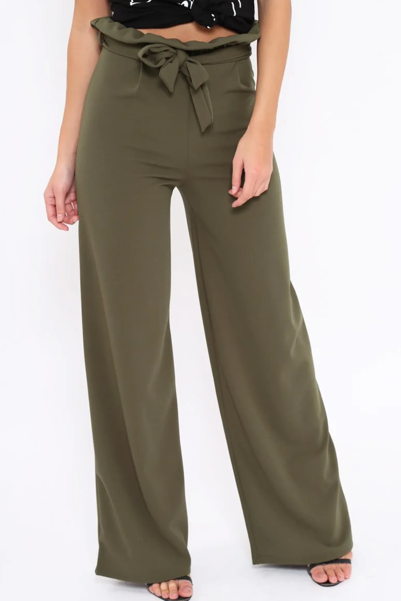 Rebellious Fashion Khaki Paper Bag Tie Waist Wide Leg Trousers - Kennedy