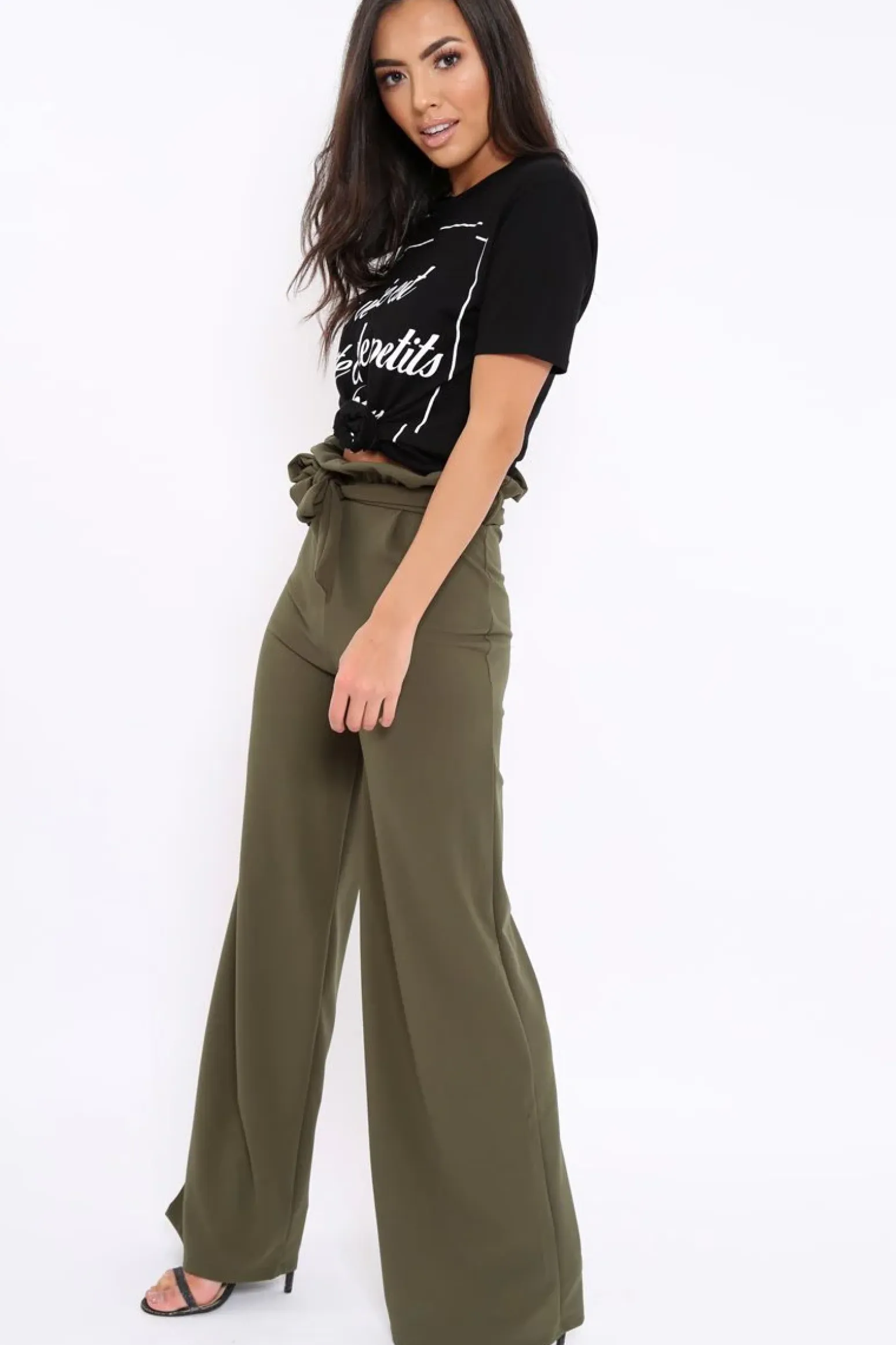 Rebellious Fashion Khaki Paper Bag Tie Waist Wide Leg Trousers - Kennedy