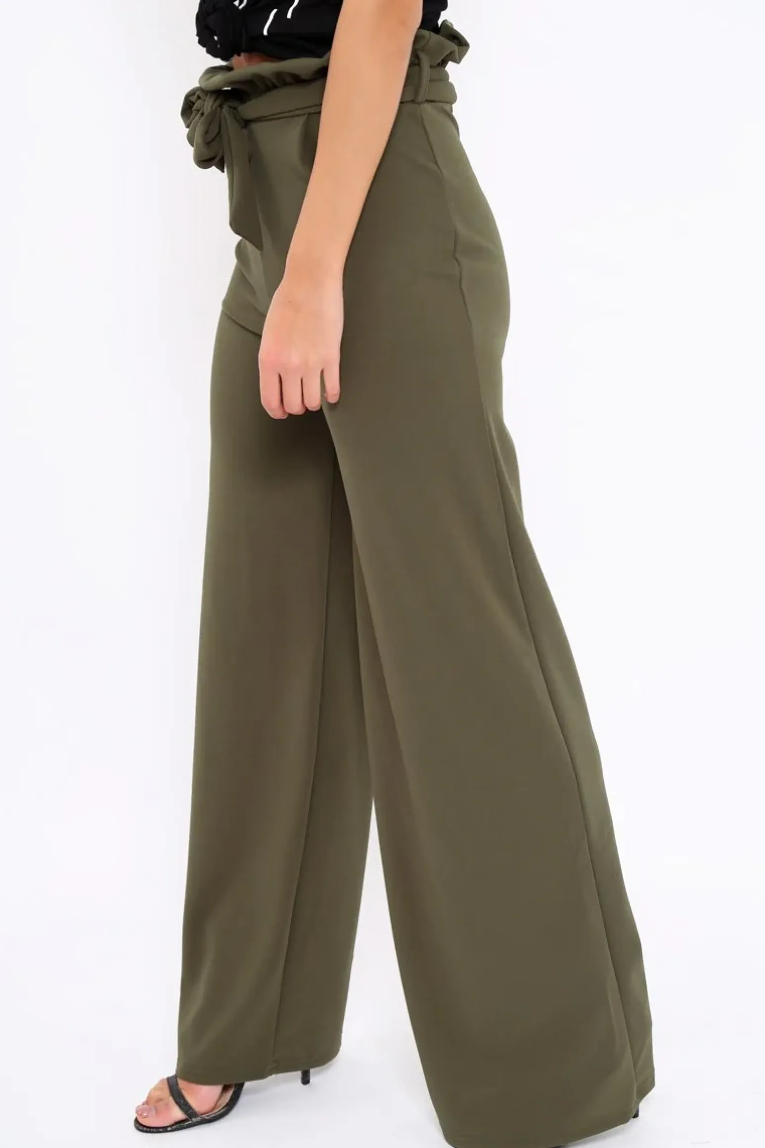Rebellious Fashion Khaki Paper Bag Tie Waist Wide Leg Trousers - Kennedy