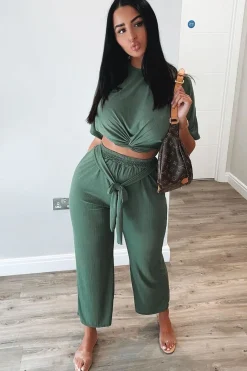 Rebellious Fashion Khaki Plisse Wide Leg Trouser and Top Co-ord - Hellen