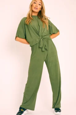 Rebellious Fashion Khaki Plisse Wide Leg Trouser and Top Co-ord - Hellen