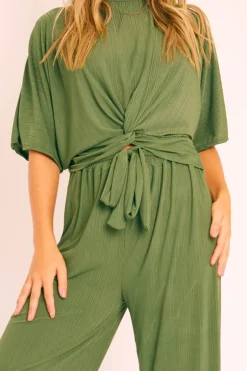Rebellious Fashion Khaki Plisse Wide Leg Trouser and Top Co-ord - Hellen