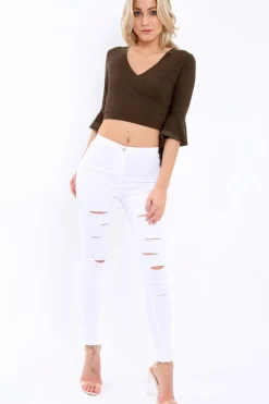 Rebellious Fashion Khaki Plunge Bell Sleeve Crop Top - Merla