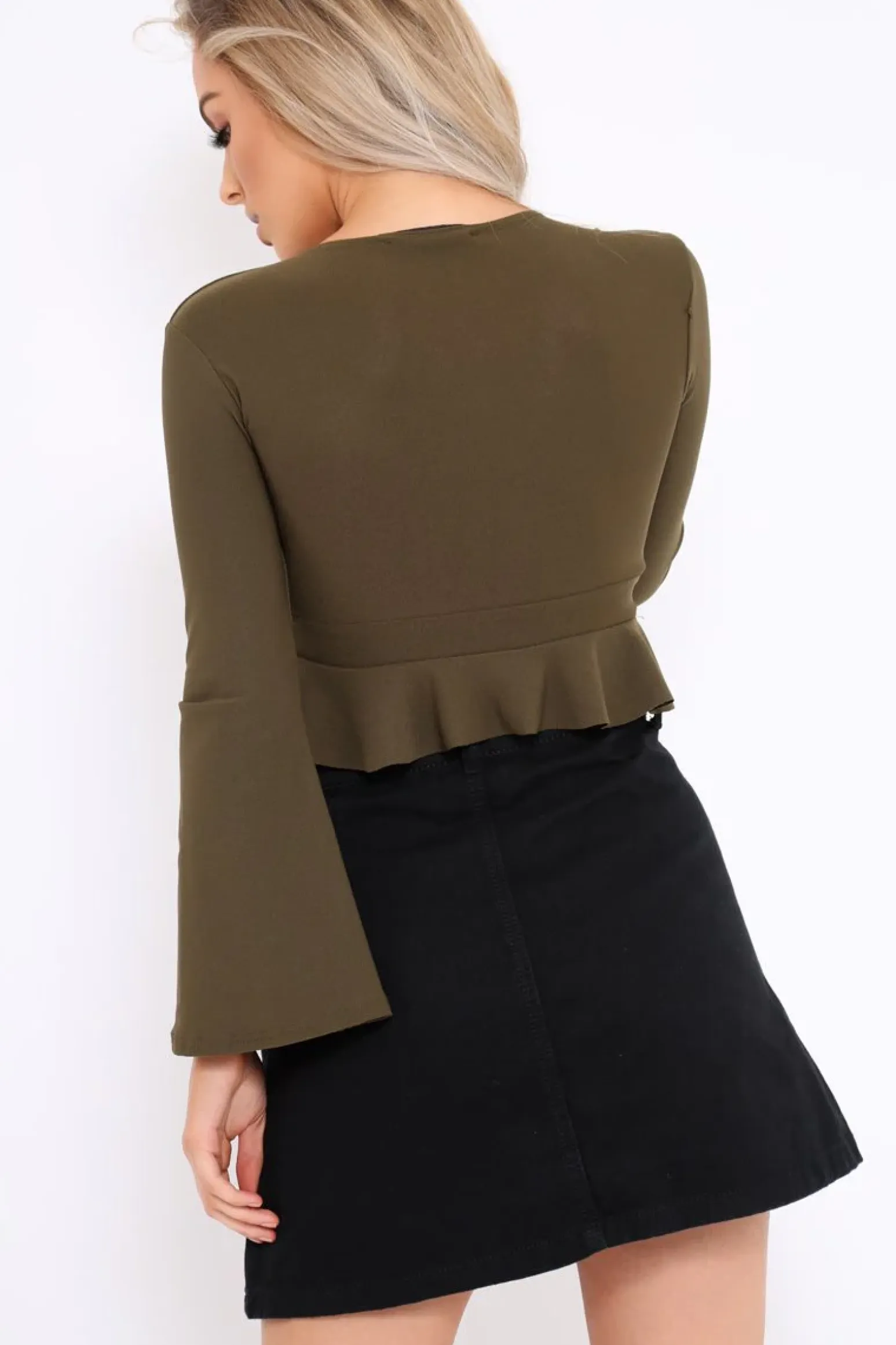 Rebellious Fashion Khaki Plunge Flare Sleeve Crop Top with Frill Hem - Masie