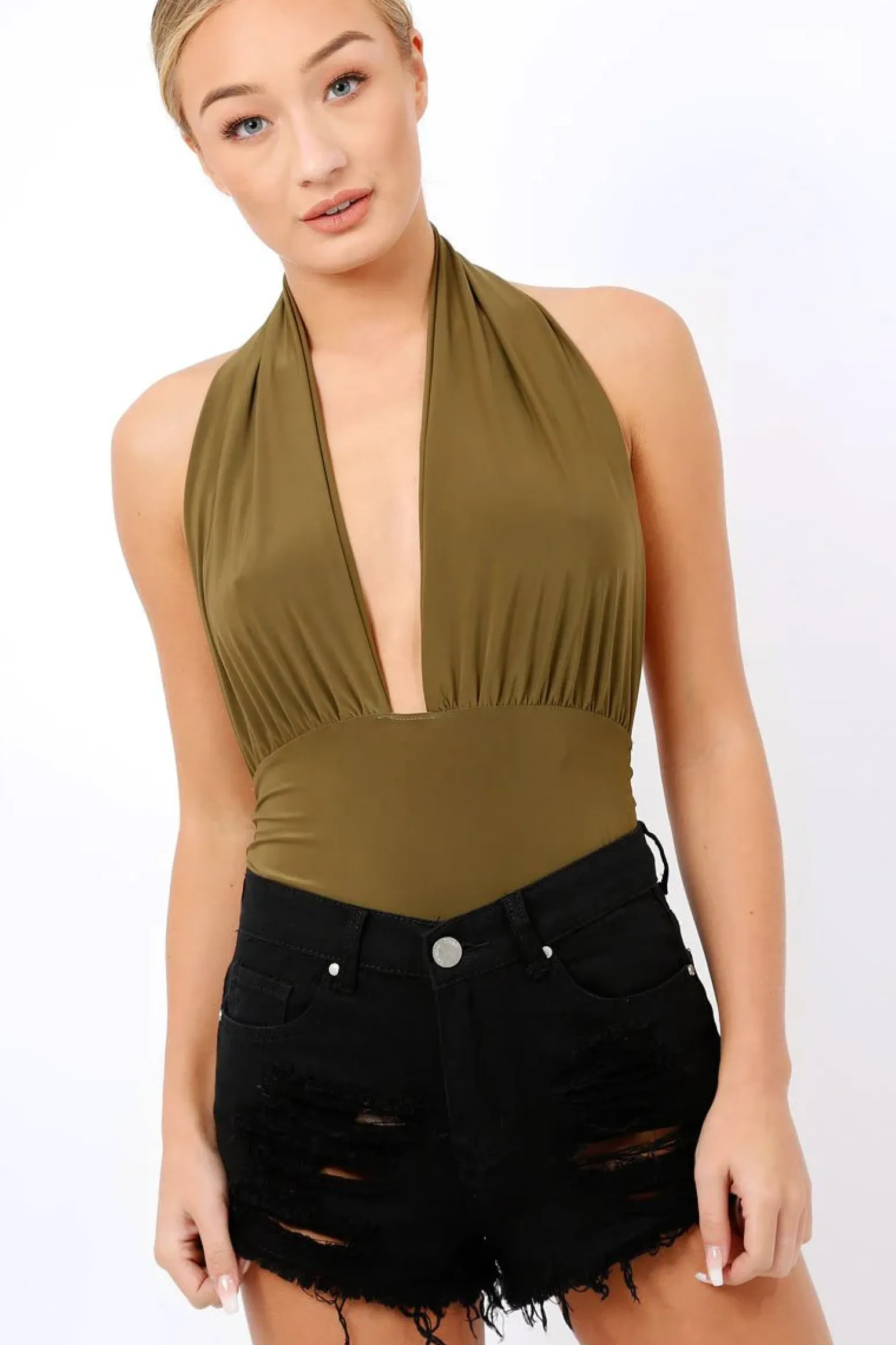 Rebellious Fashion Khaki plunge Halterneck Bodysuit - Lona