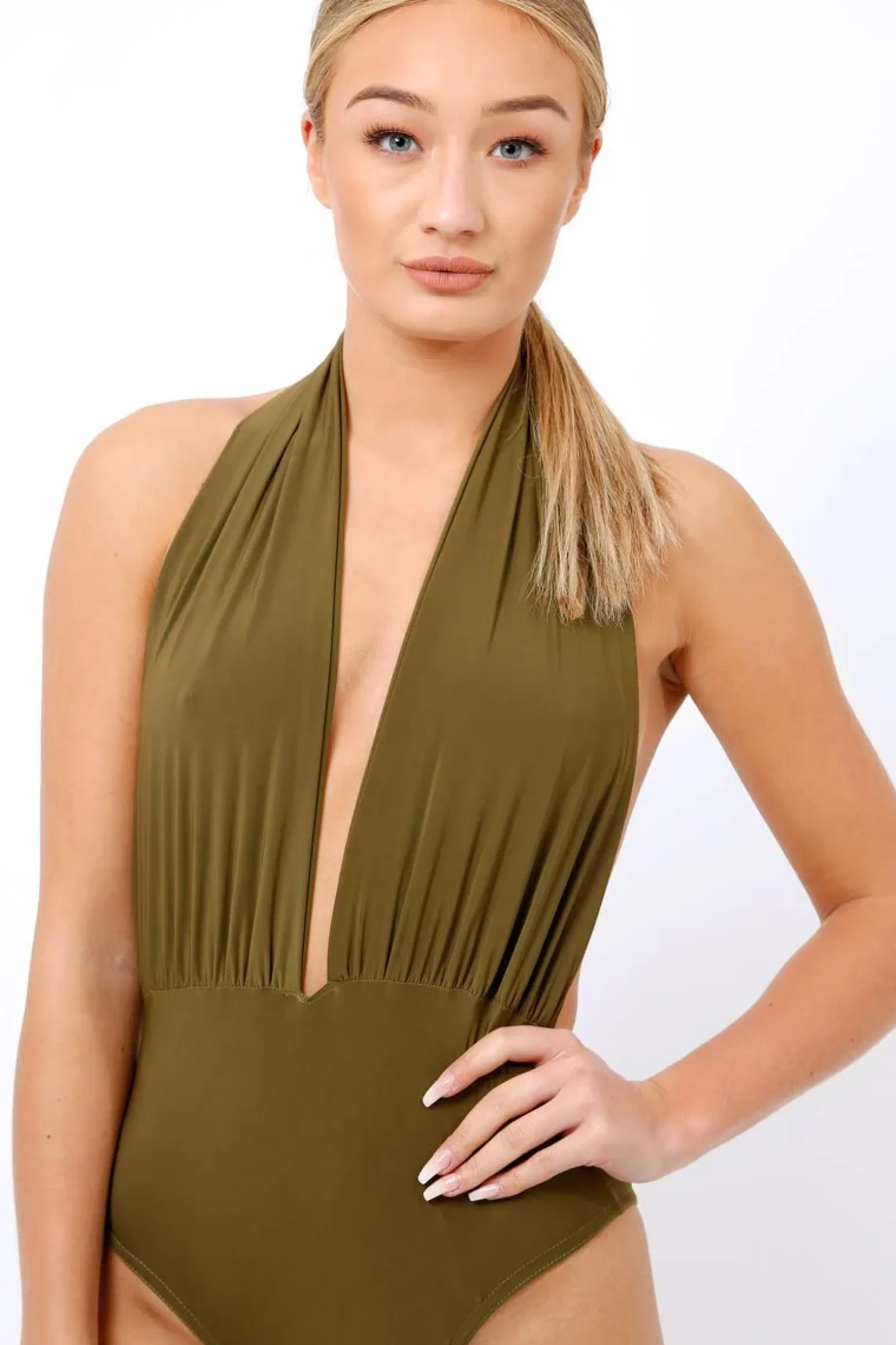 Rebellious Fashion Khaki plunge Halterneck Bodysuit - Lona