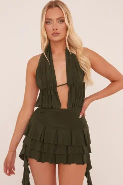Rebellious Fashion Khaki Plunge Neck Frill Detail Mini Dress - Swan
