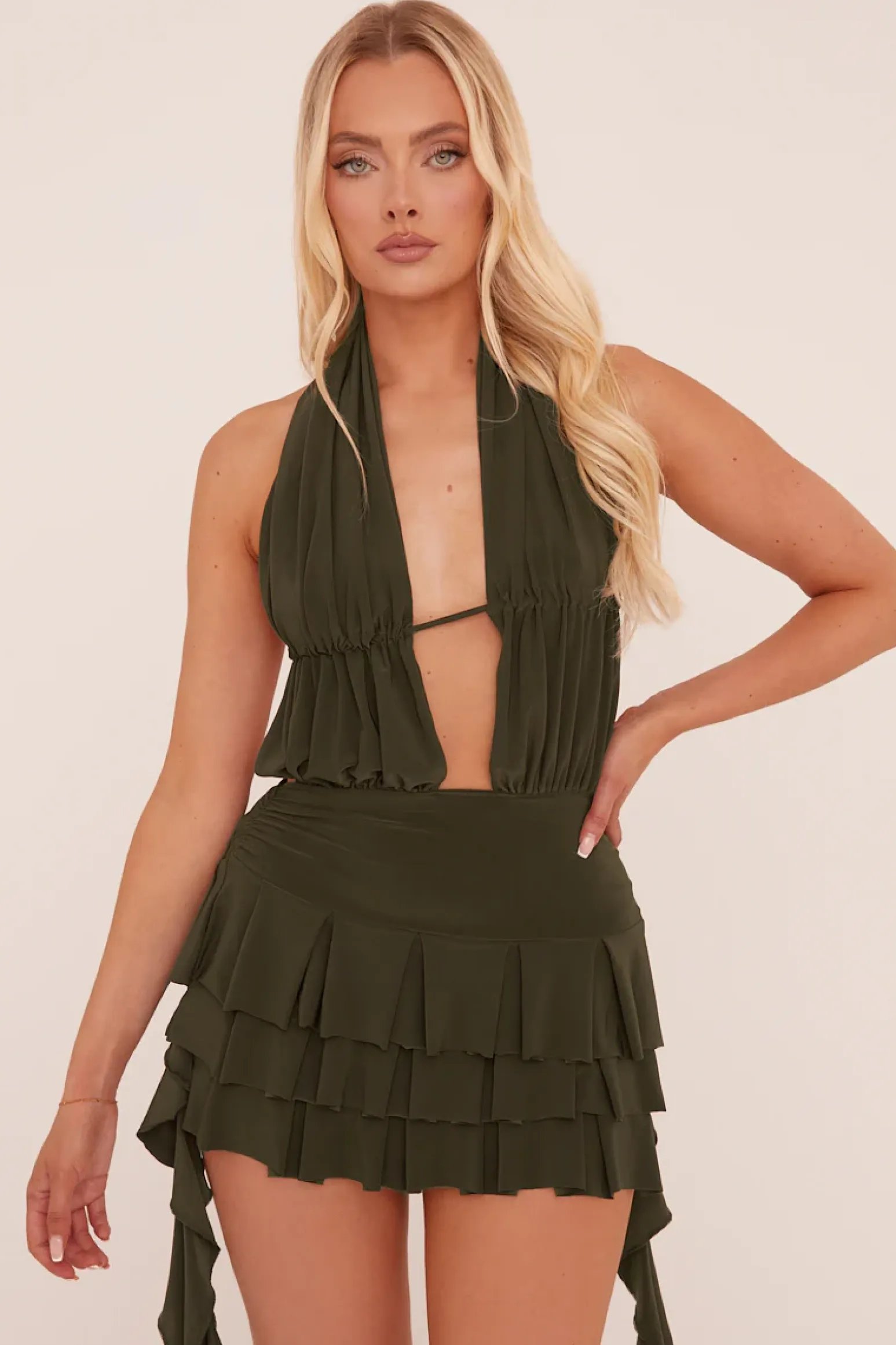 Rebellious Fashion Khaki Plunge Neck Frill Detail Mini Dress - Swan