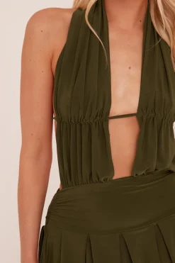 Rebellious Fashion Khaki Plunge Neck Frill Detail Mini Dress - Swan