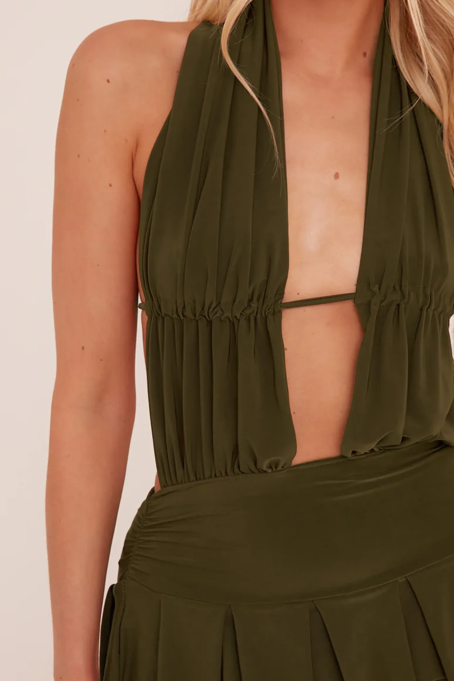 Rebellious Fashion Khaki Plunge Neck Frill Detail Mini Dress - Swan
