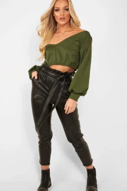 Rebellious Fashion Khaki Plunge off Shoulder Cropped Sweatshirt - Zarah