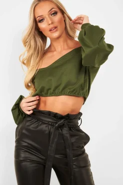 Rebellious Fashion Khaki Plunge off Shoulder Cropped Sweatshirt - Zarah