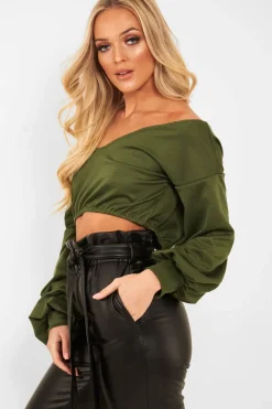 Rebellious Fashion Khaki Plunge off Shoulder Cropped Sweatshirt - Zarah