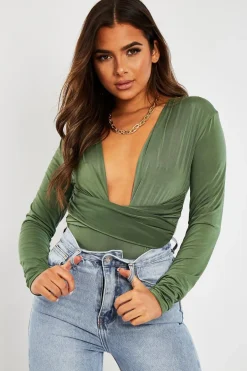Rebellious Fashion Khaki Plunging Wrap Middle Bodysuit - Ivyrose