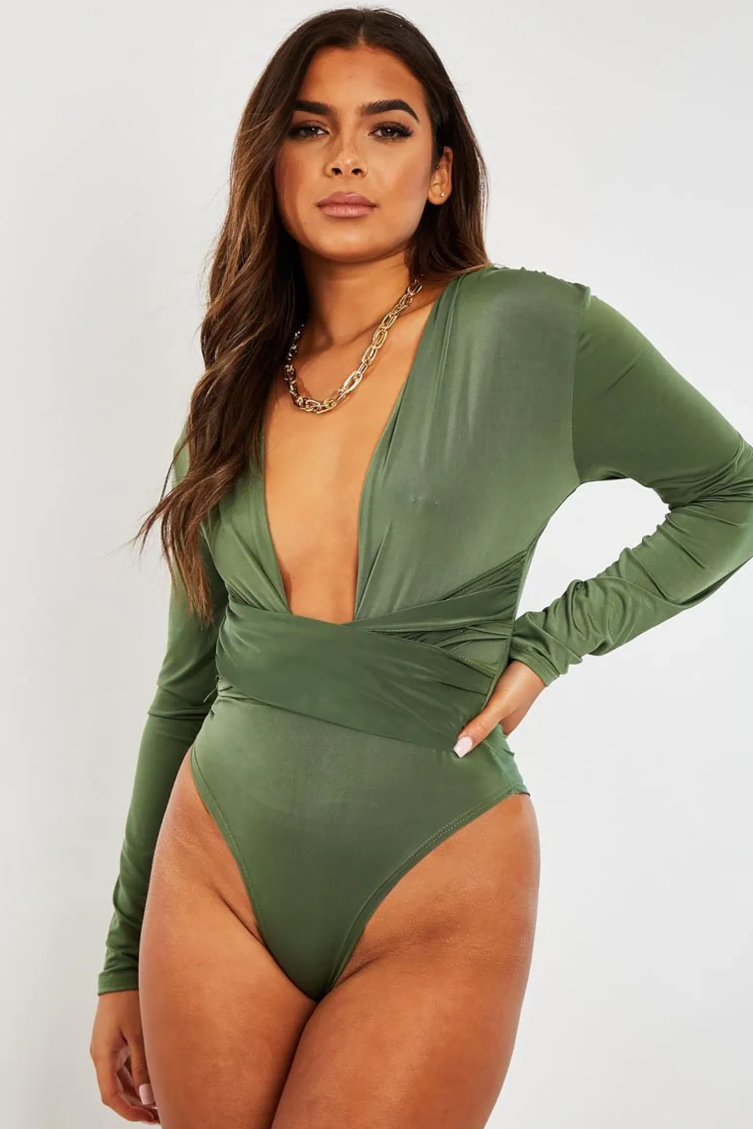 Rebellious Fashion Khaki Plunging Wrap Middle Bodysuit - Ivyrose