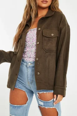Rebellious Fashion Khaki Pocket Oversized Brushed Shacket - Caley